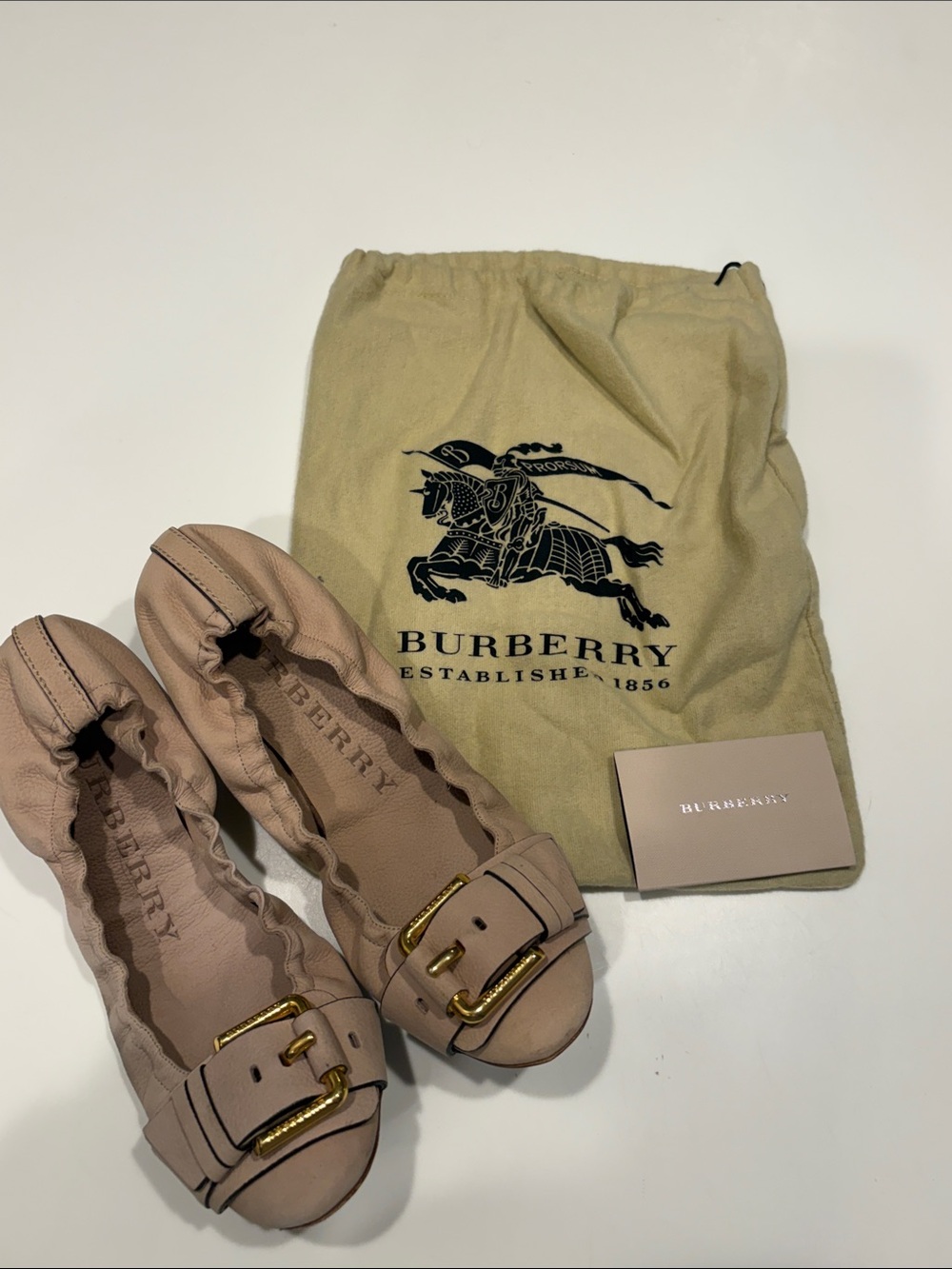 Burberry Blush Pink Leather Ballet Flats with Gold Buckle